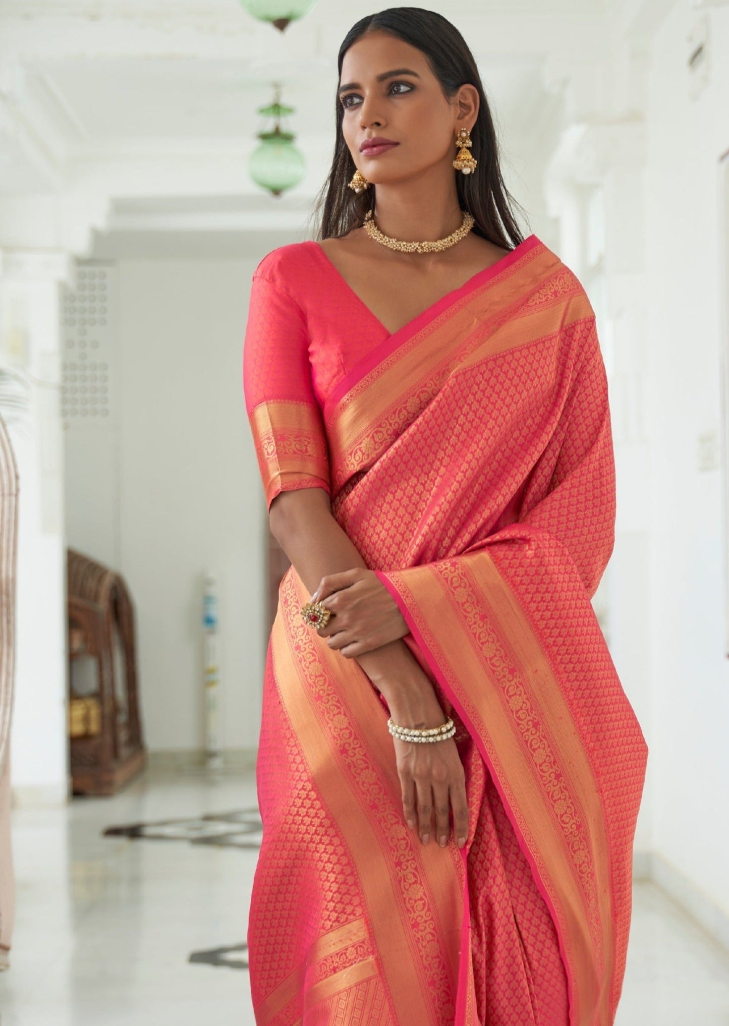 Pinkish Orange Kanjivaram Silk Handloom Saree