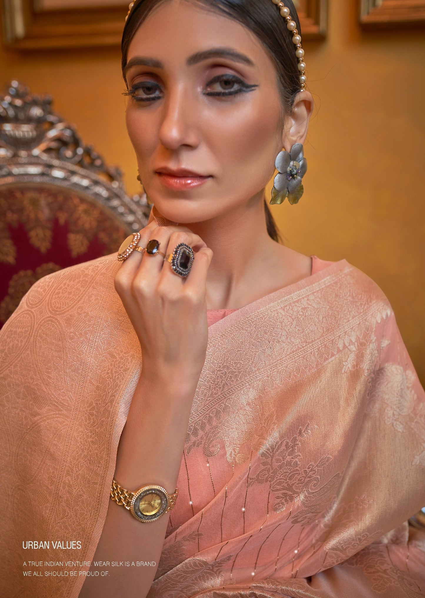 Banarasi Raw Silk Peach Sequined Zari Saree