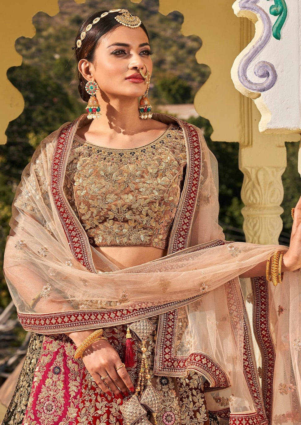 Brown and Red Designer Bridal Lehenga Choli
