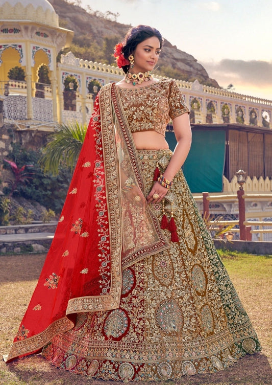Multicolored velvet bridal lehenga choli usa online shopping.
