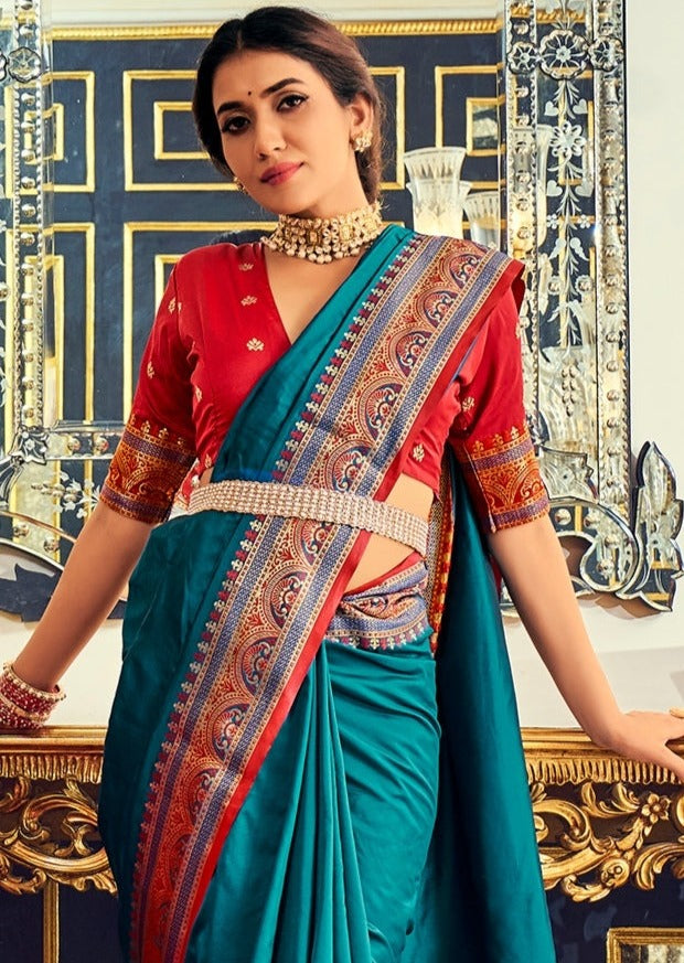 Pure Paithani Silk Teal Blue Saree