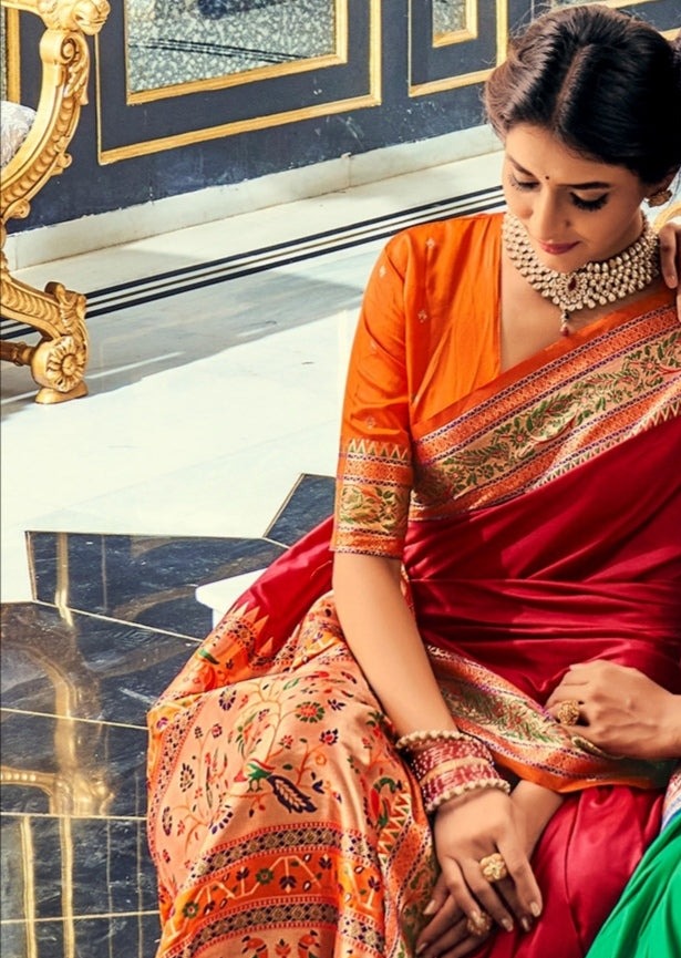 Red Paithani Silk Saree with Yellow Border