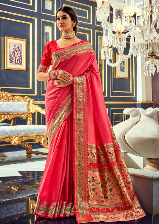 Pure paithani silk rose pink saree online usa shopping for wedding.