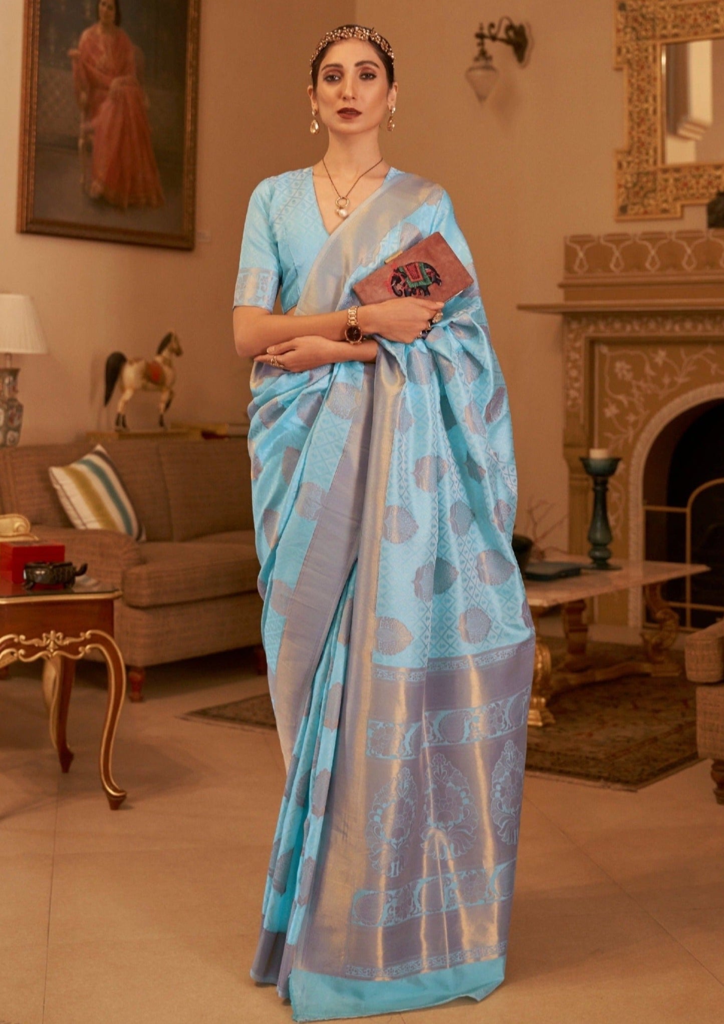 Blue copper zari saree online.
