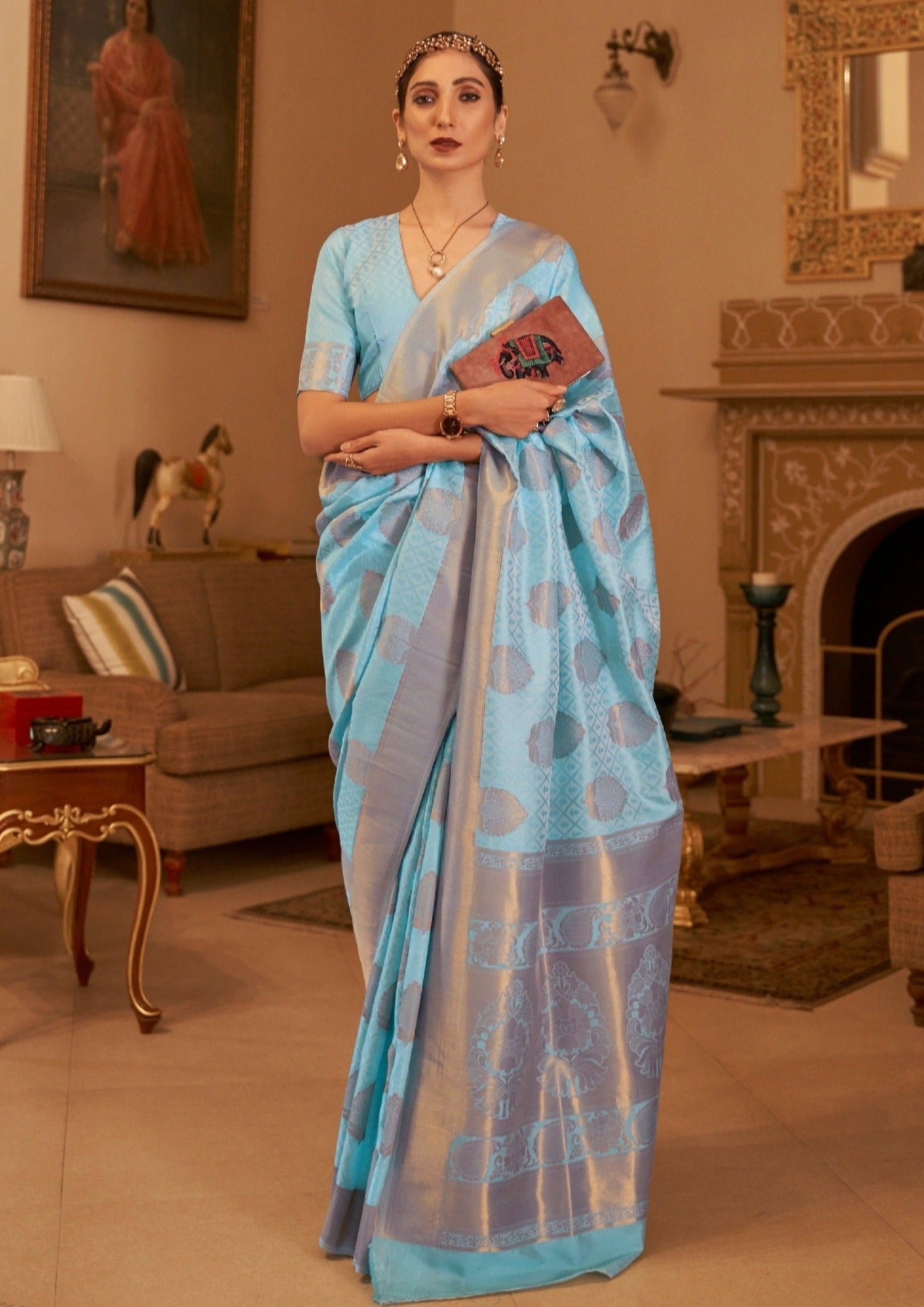 Blue copper zari saree online.