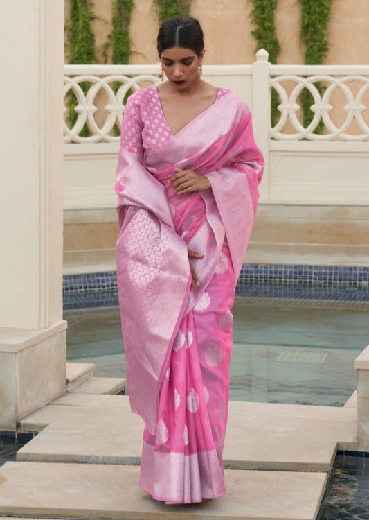 Luxury linen sarees online shopping india usa in pink color.