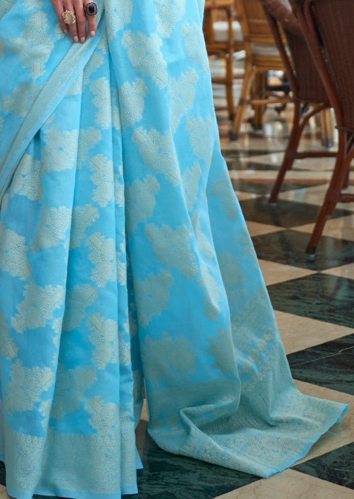 Lucknowi Chikankari Work Blue Cotton Saree