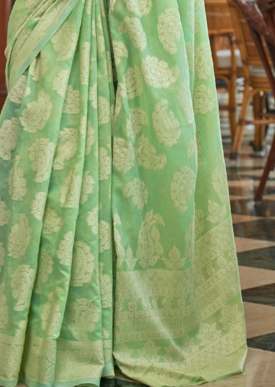 Lucknowi Chikankari Light Green Cotton Saree