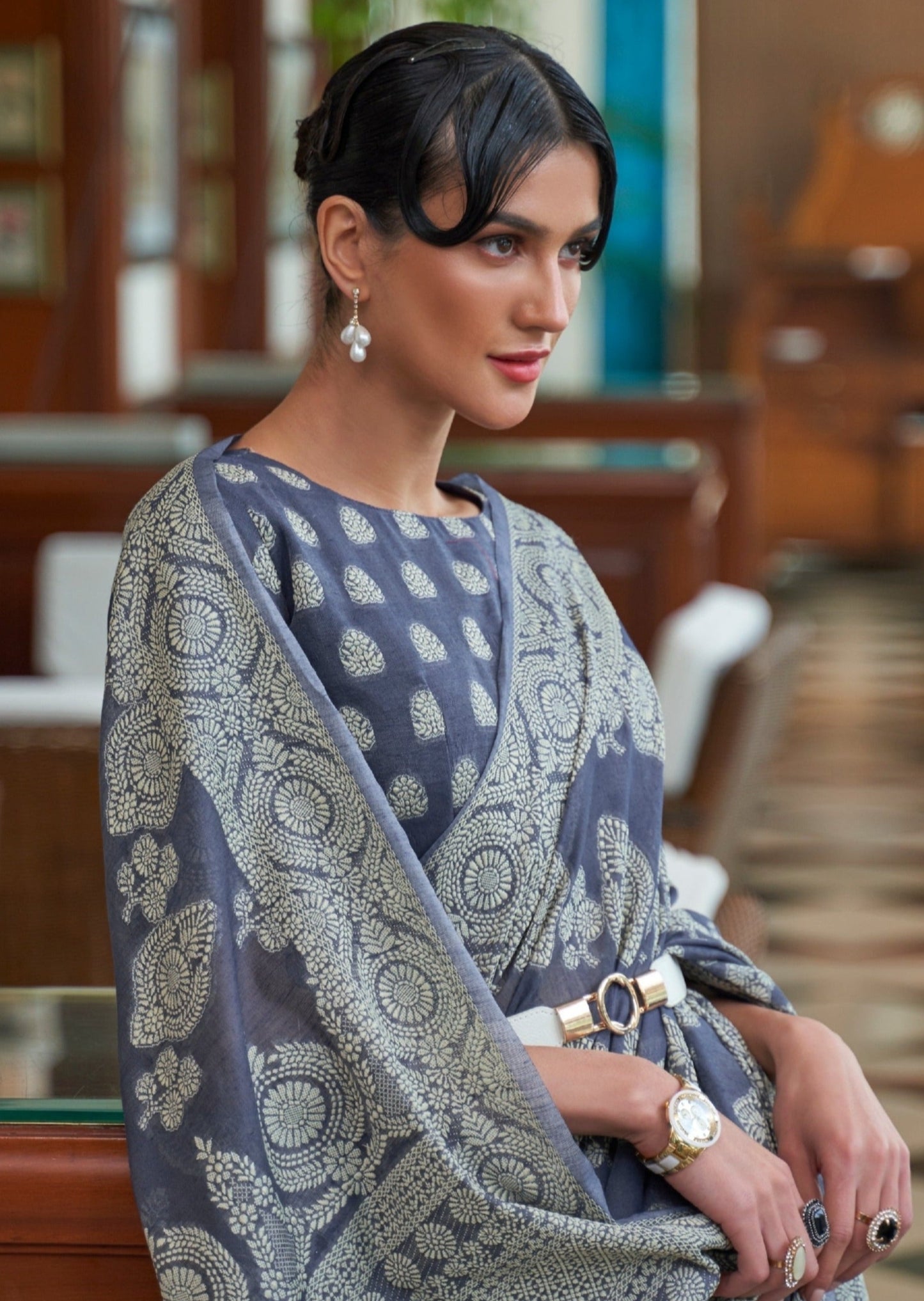 Lucknowi Chikankari Work Grey Cotton Saree