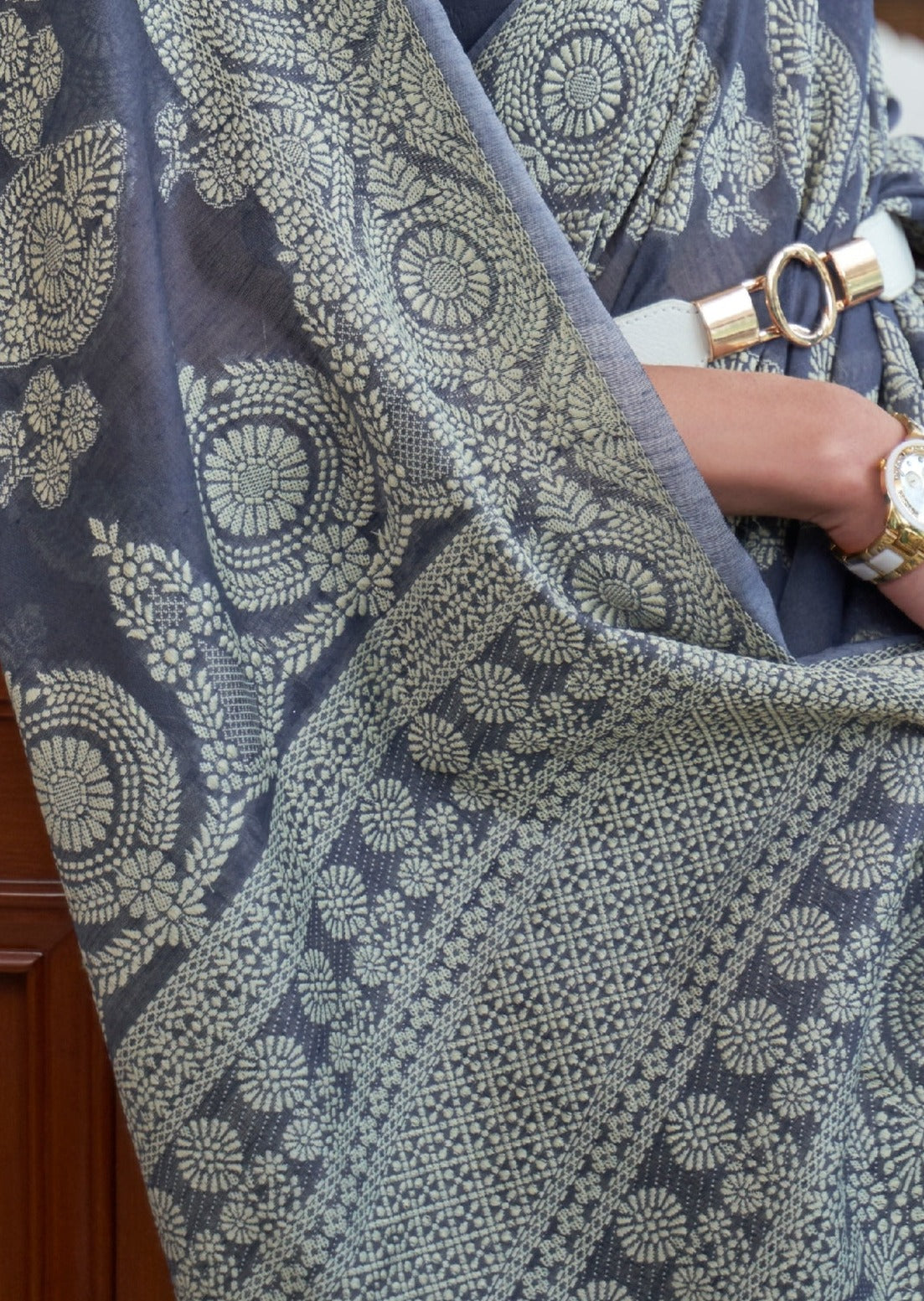 Lucknowi Chikankari Work Grey Cotton Saree