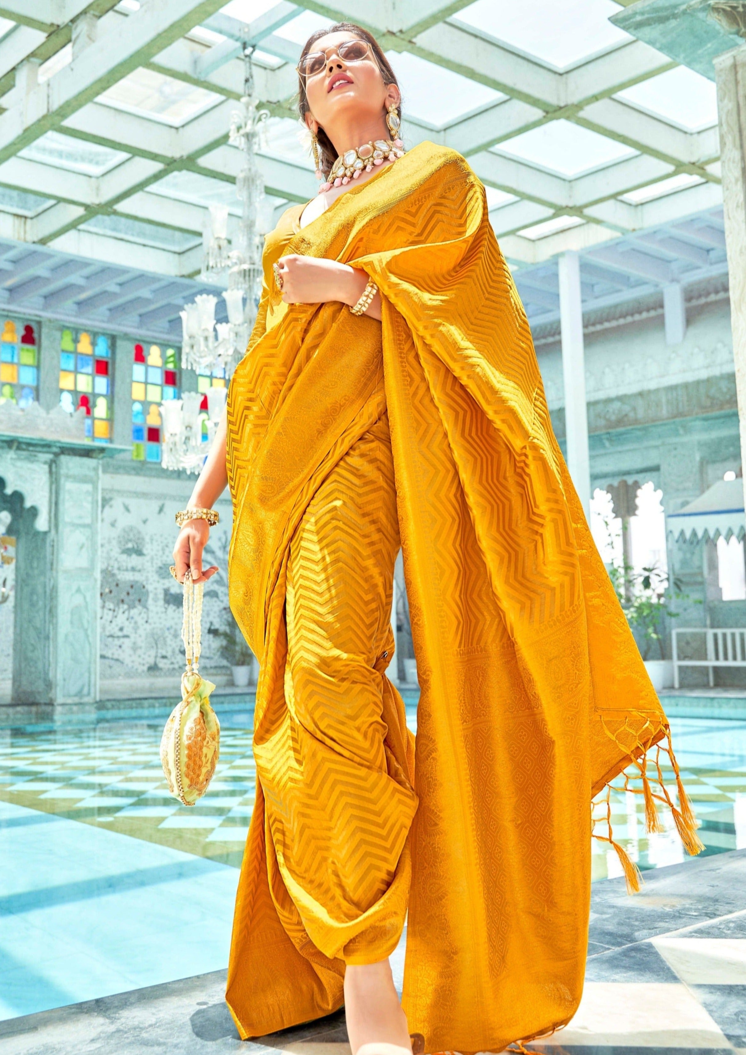 Lime Yellow Wedding Wear Embroidered Kanjivaram Silk Saree