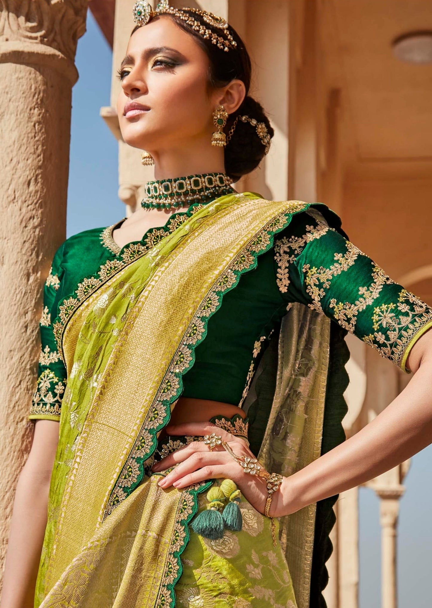 Soft Banarasi Silk Lawn Green Handwork Saree