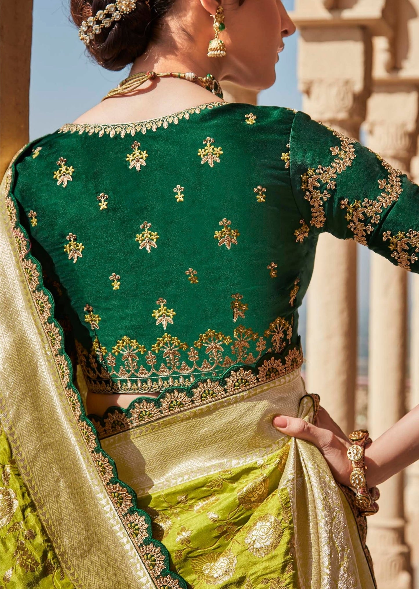 Soft Banarasi Silk Lawn Green Handwork Saree