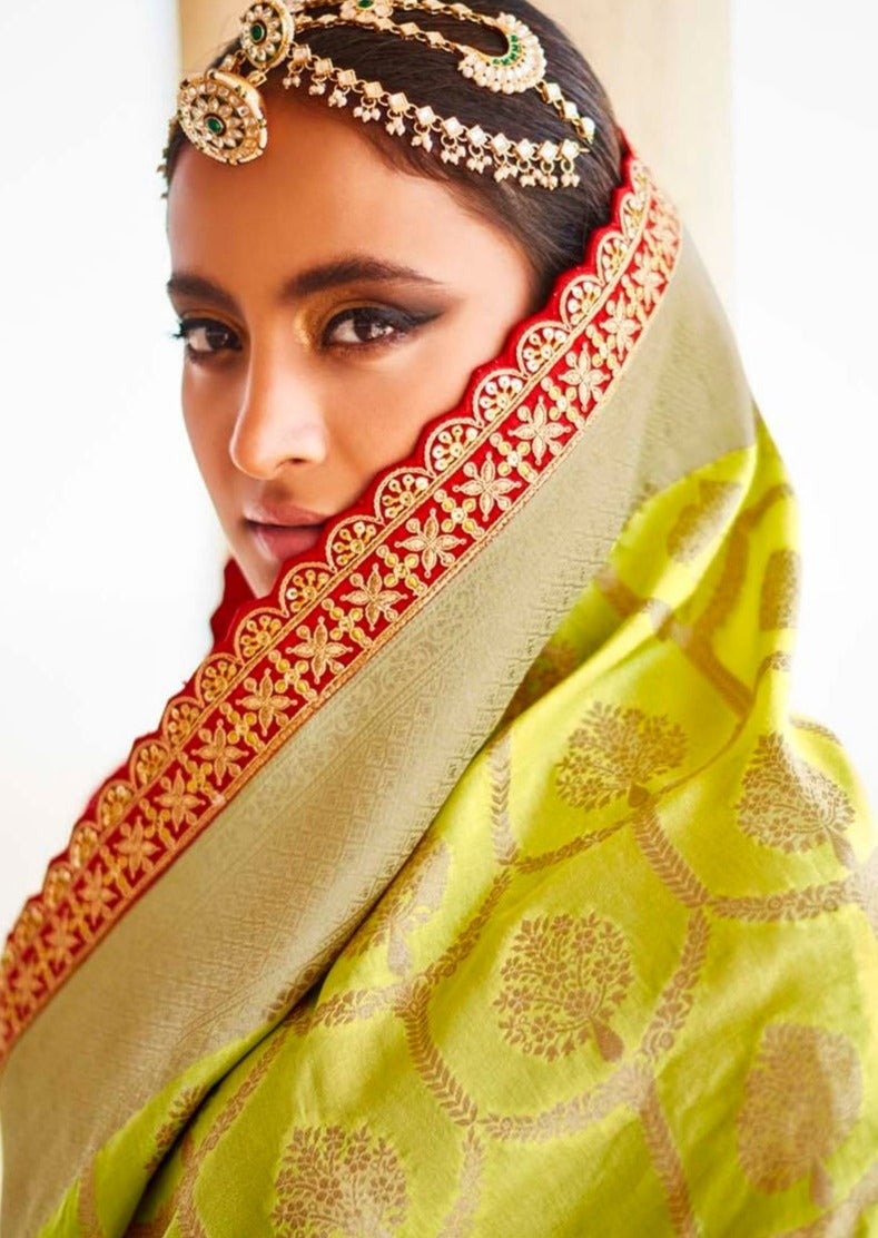 Banarasi Silk Lime Yellow Bridal Saree