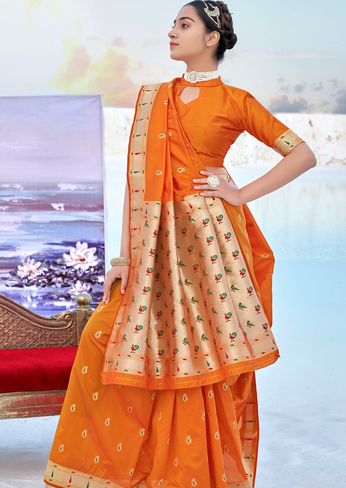 Rudrani Paithani Silk Saffron Orange Saree