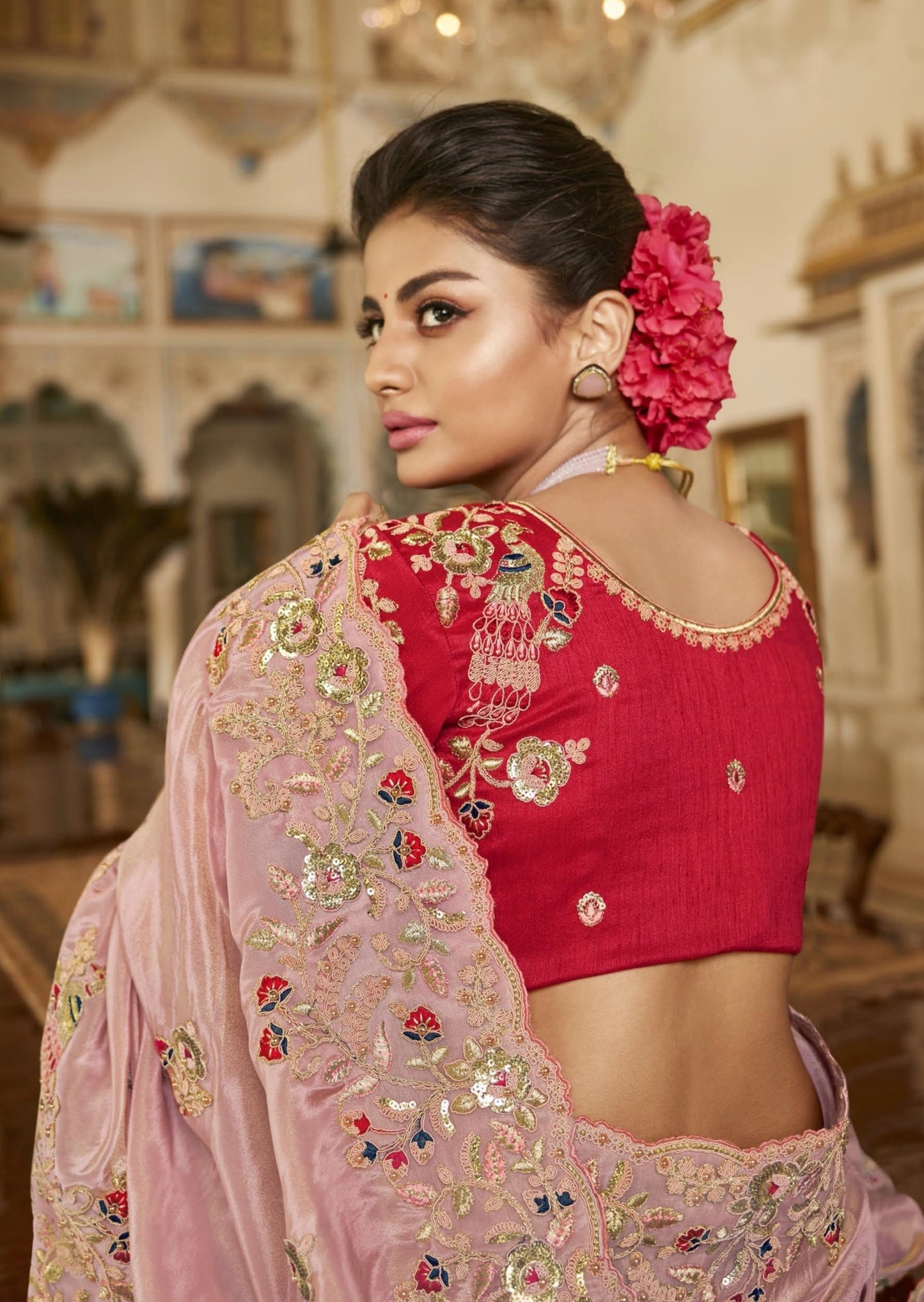 Soft Organza Pastel Pink Designer Saree