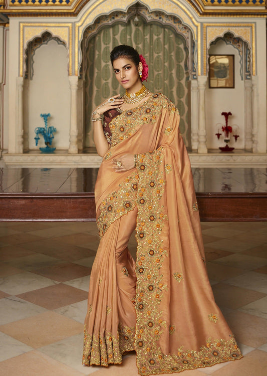 Soft Satin Silk Peach Designer Saree