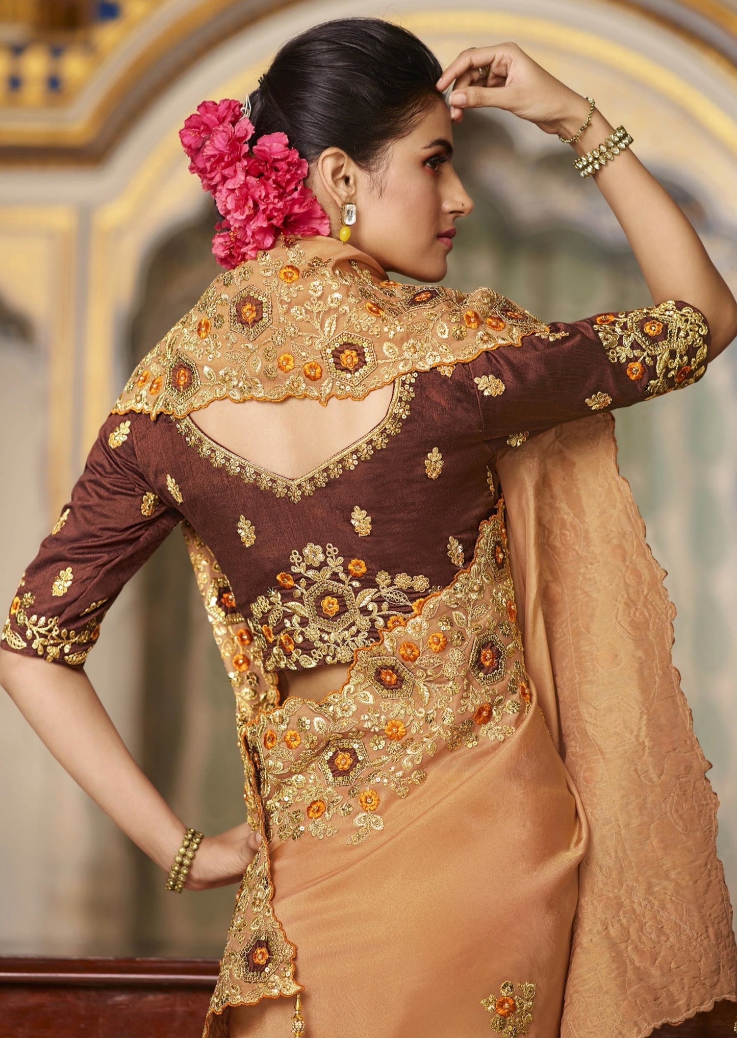 Soft Satin Silk Peach Designer Saree