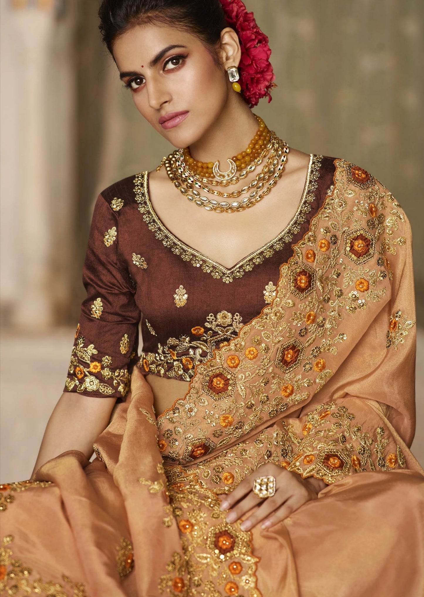 Soft Satin Silk Peach Designer Saree