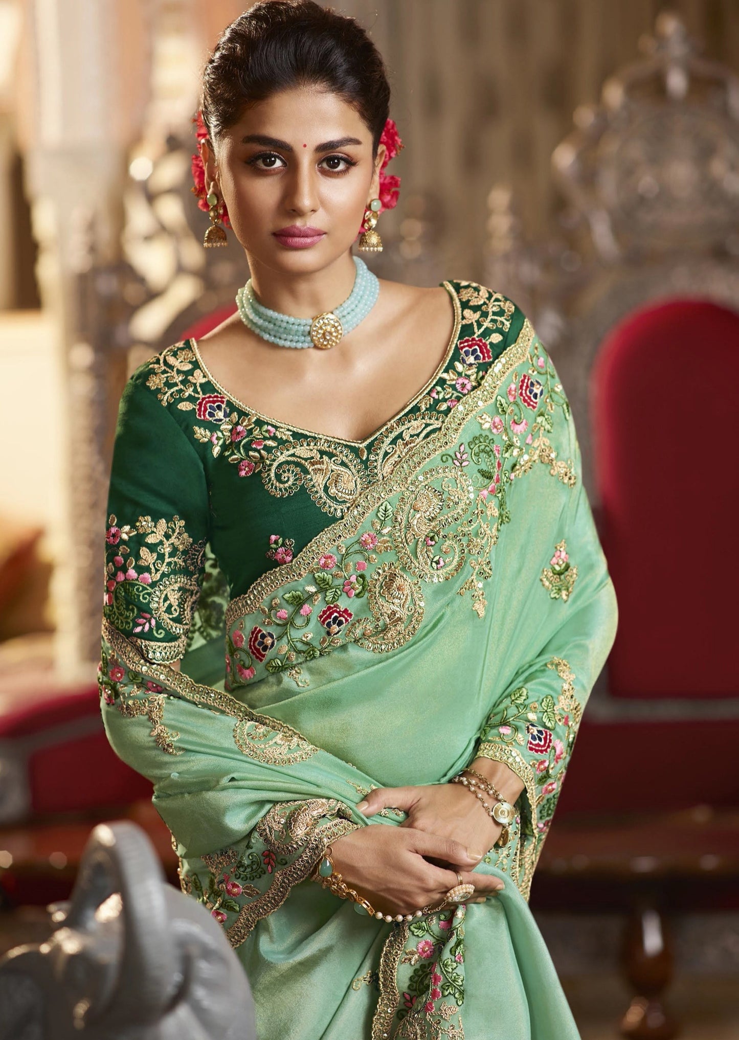 Soft Organza Mint Green Designer Saree