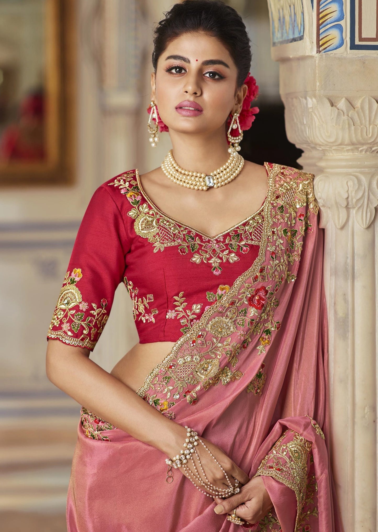 Hand Embroidered Organza Blush Pink Designer Saree