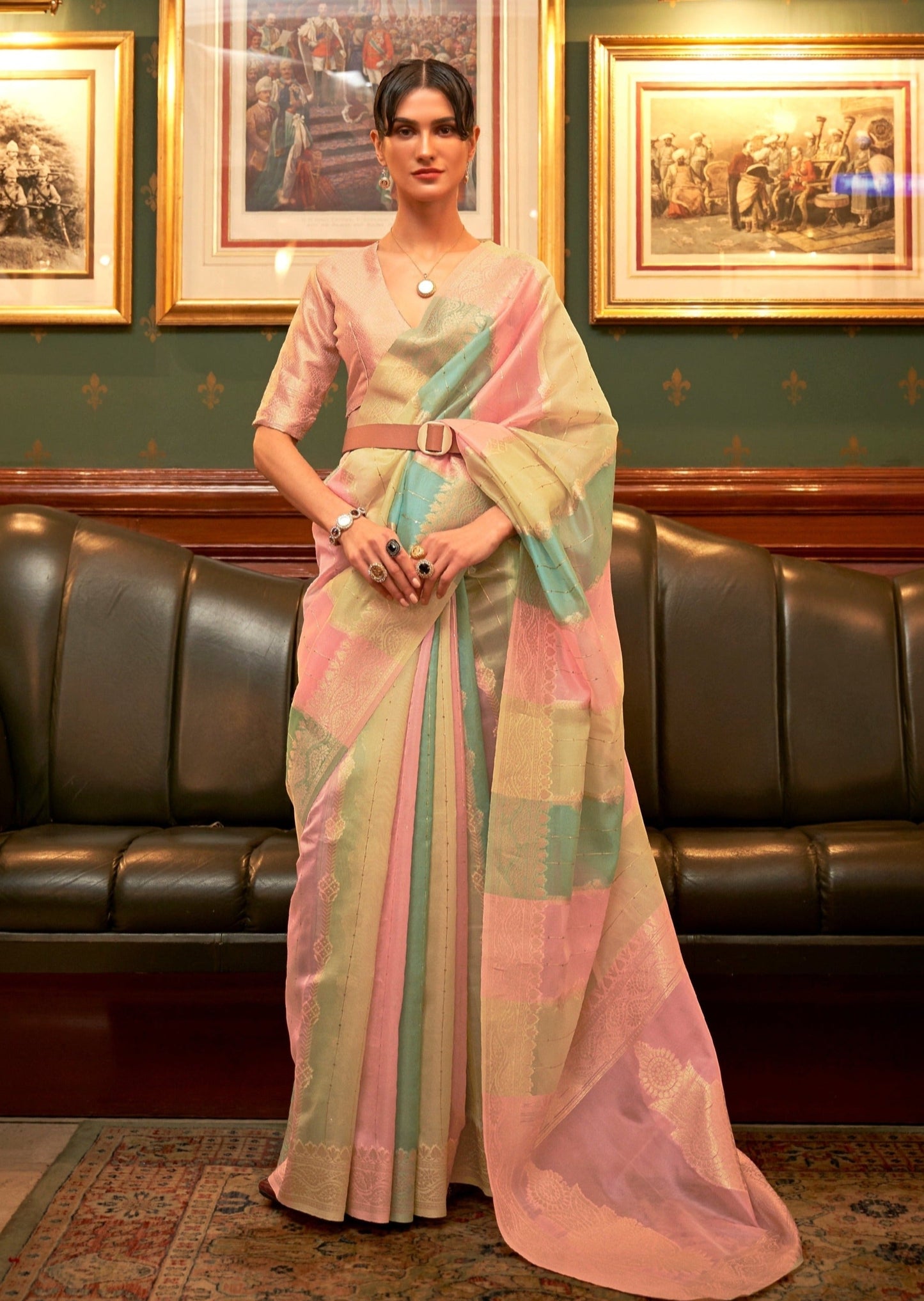 Pure Organza Pink and Blue Multicolor Saree