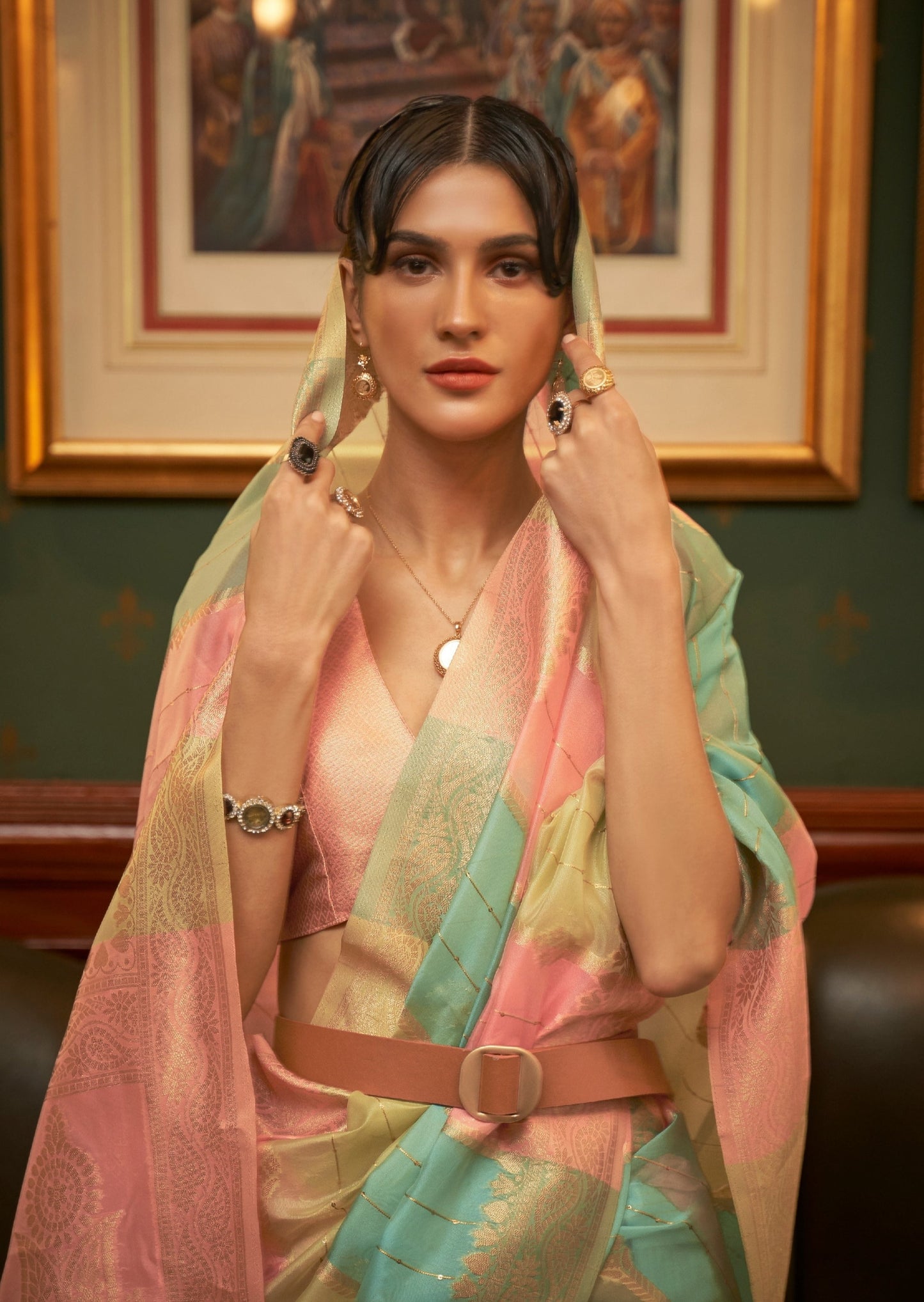 Pure Organza Pink and Blue Multicolor Saree