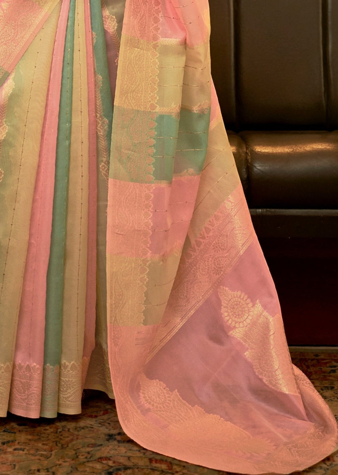 Pure Organza Pink and Blue Multicolor Saree