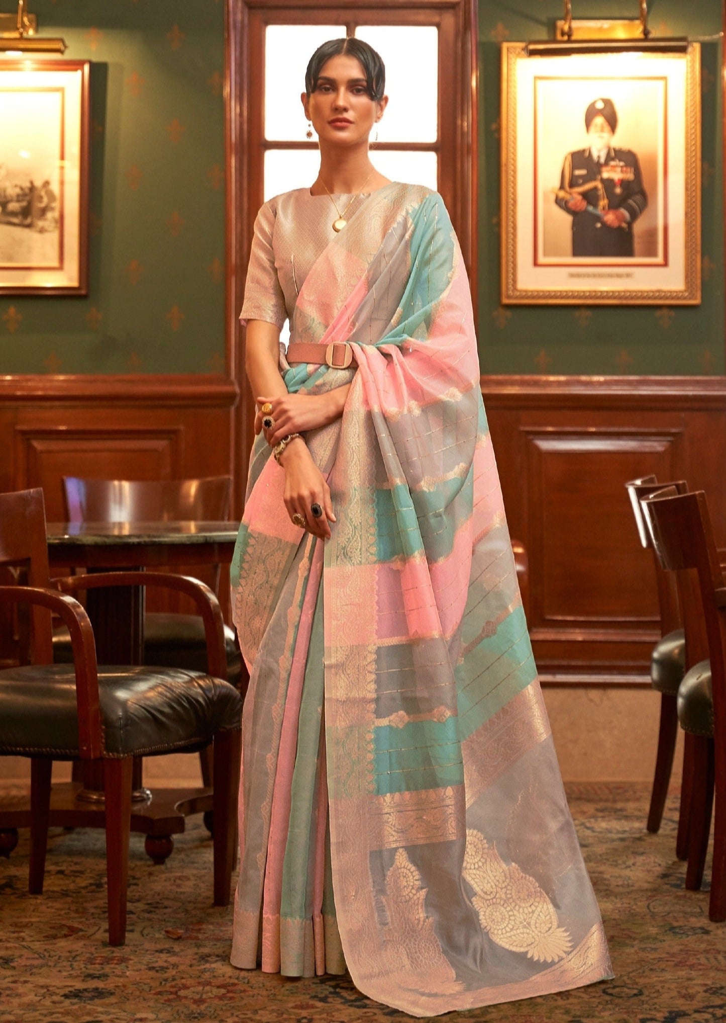 Pure Organza Pink and Grey Multicolor Saree