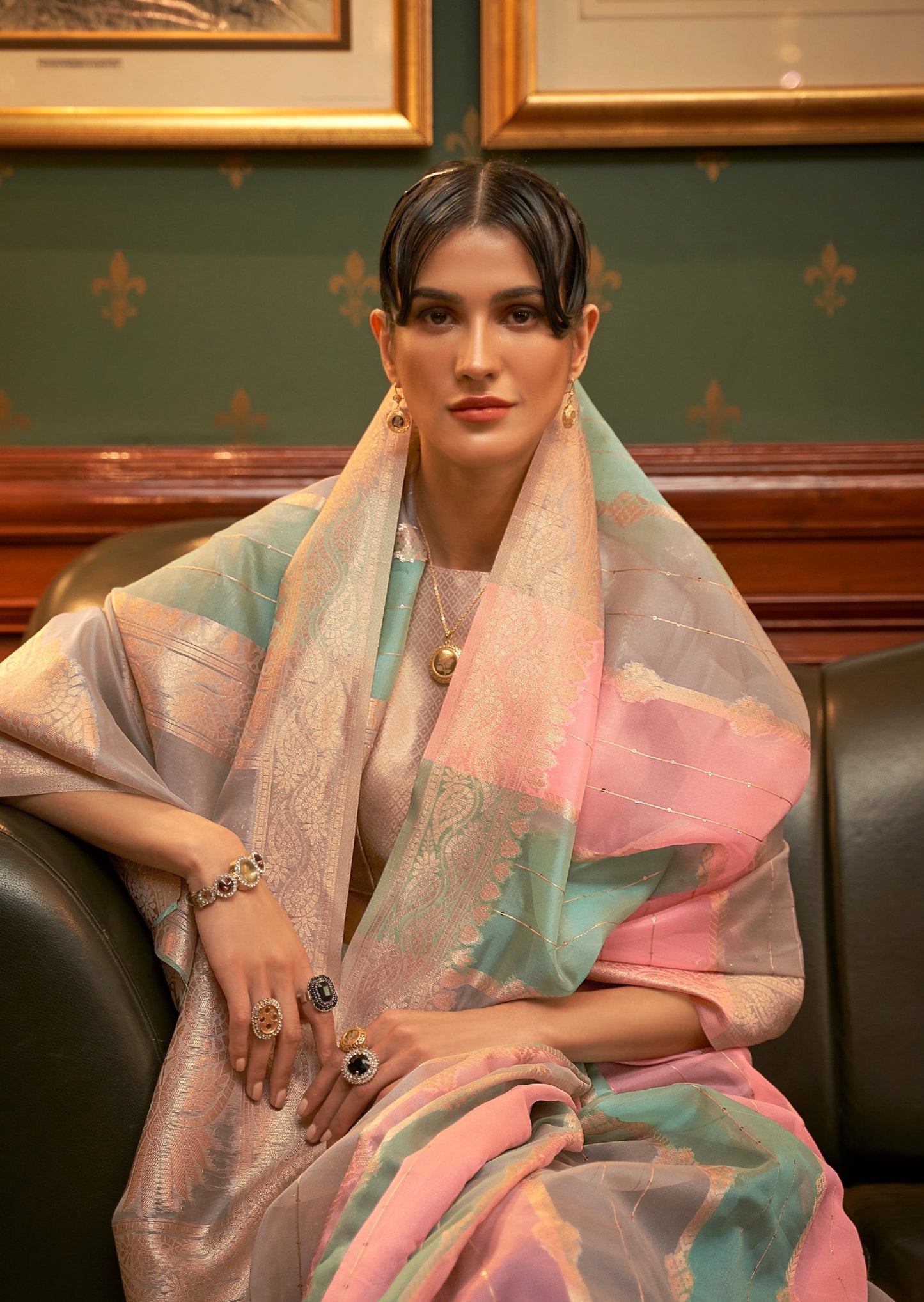 Pure Organza Pink and Grey Multicolor Saree