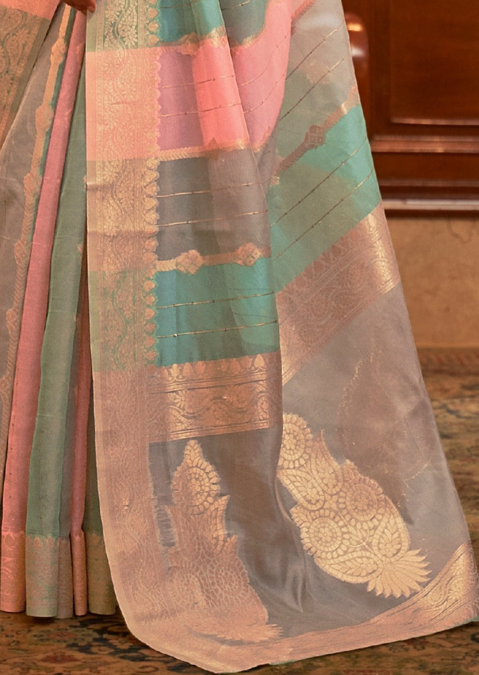Pure Organza Pink and Grey Multicolor Saree