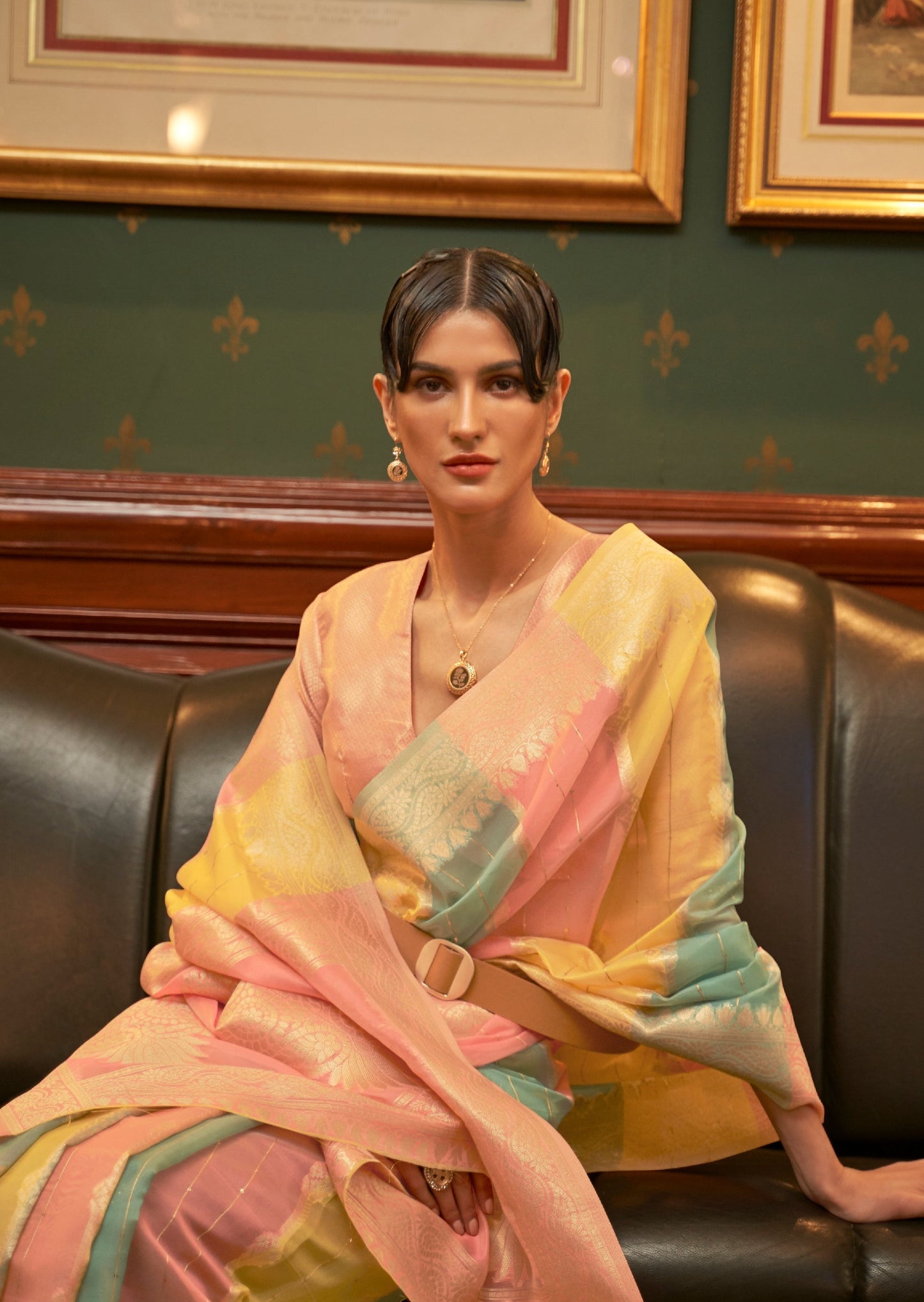 Pure Organza Pink and Yellow Multicolor Saree