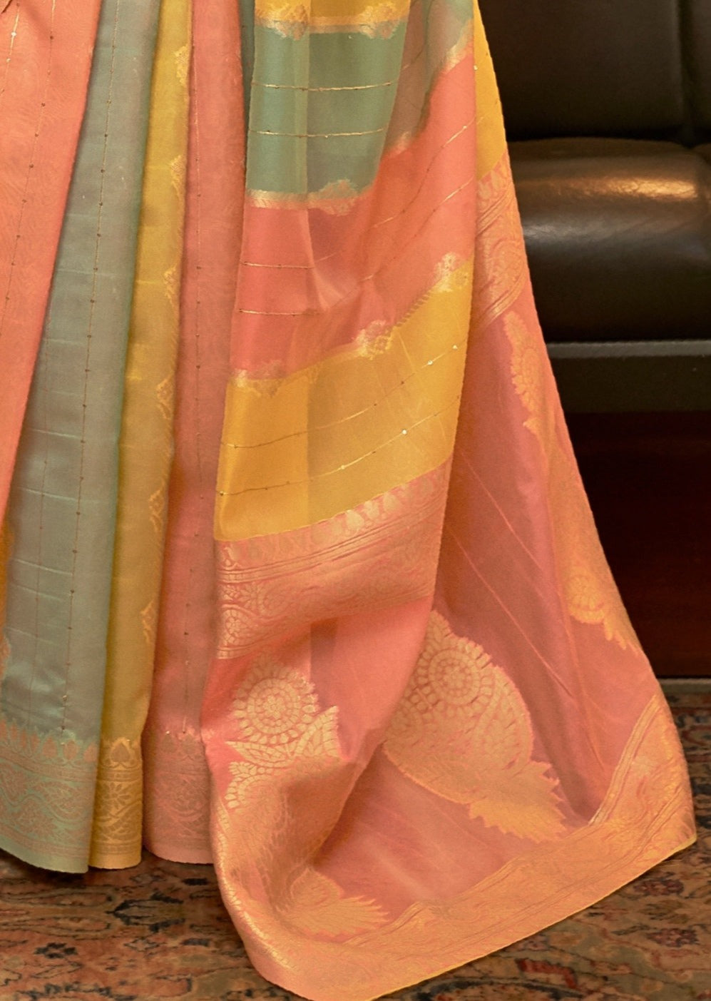 Pure Organza Pink and Yellow Multicolor Saree