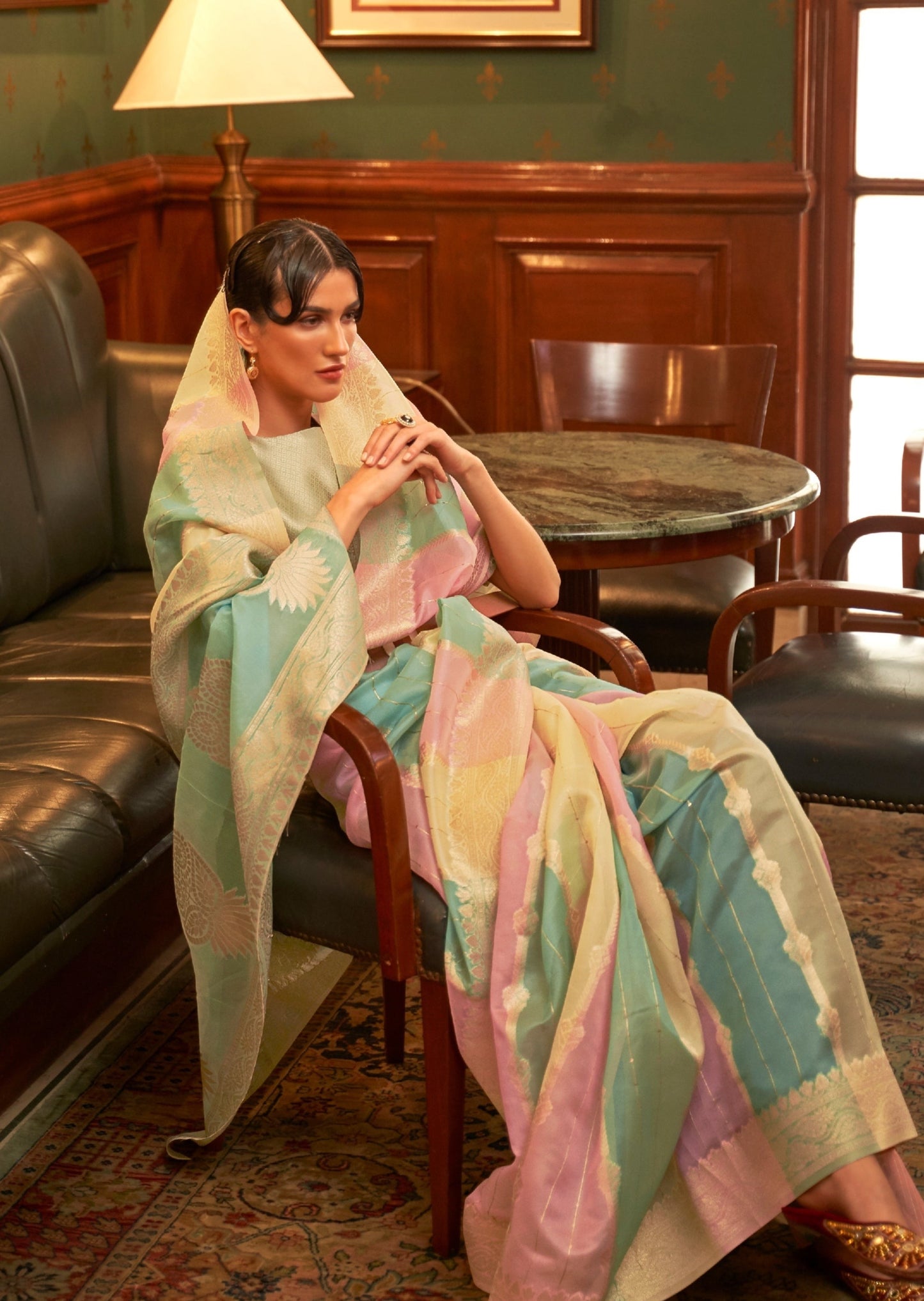 Pure Organza Blue and Yellow Multicolor Saree