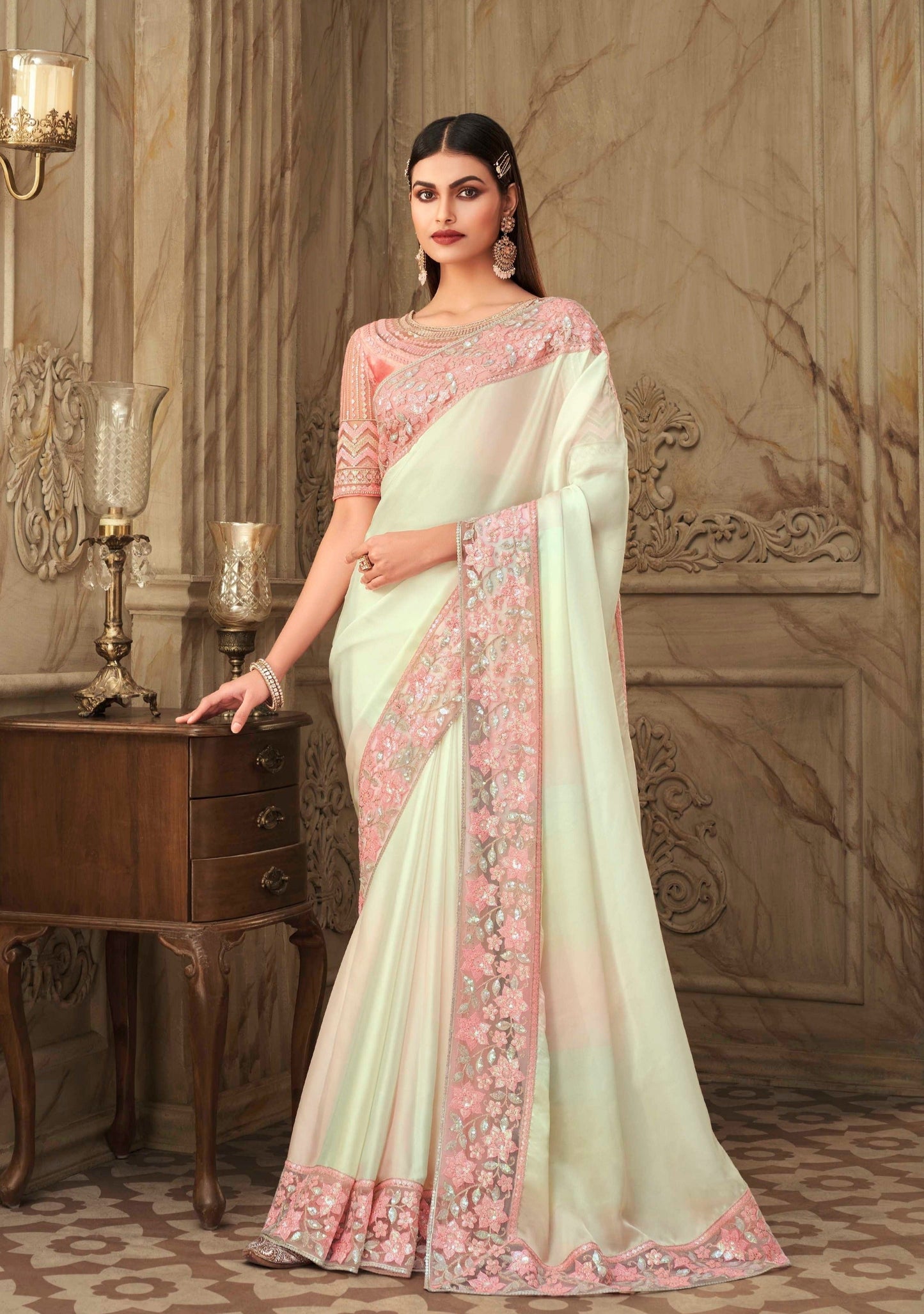 Designer Satin Silk Cream Saree