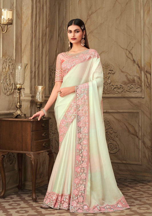 Designer Satin Silk Cream Saree