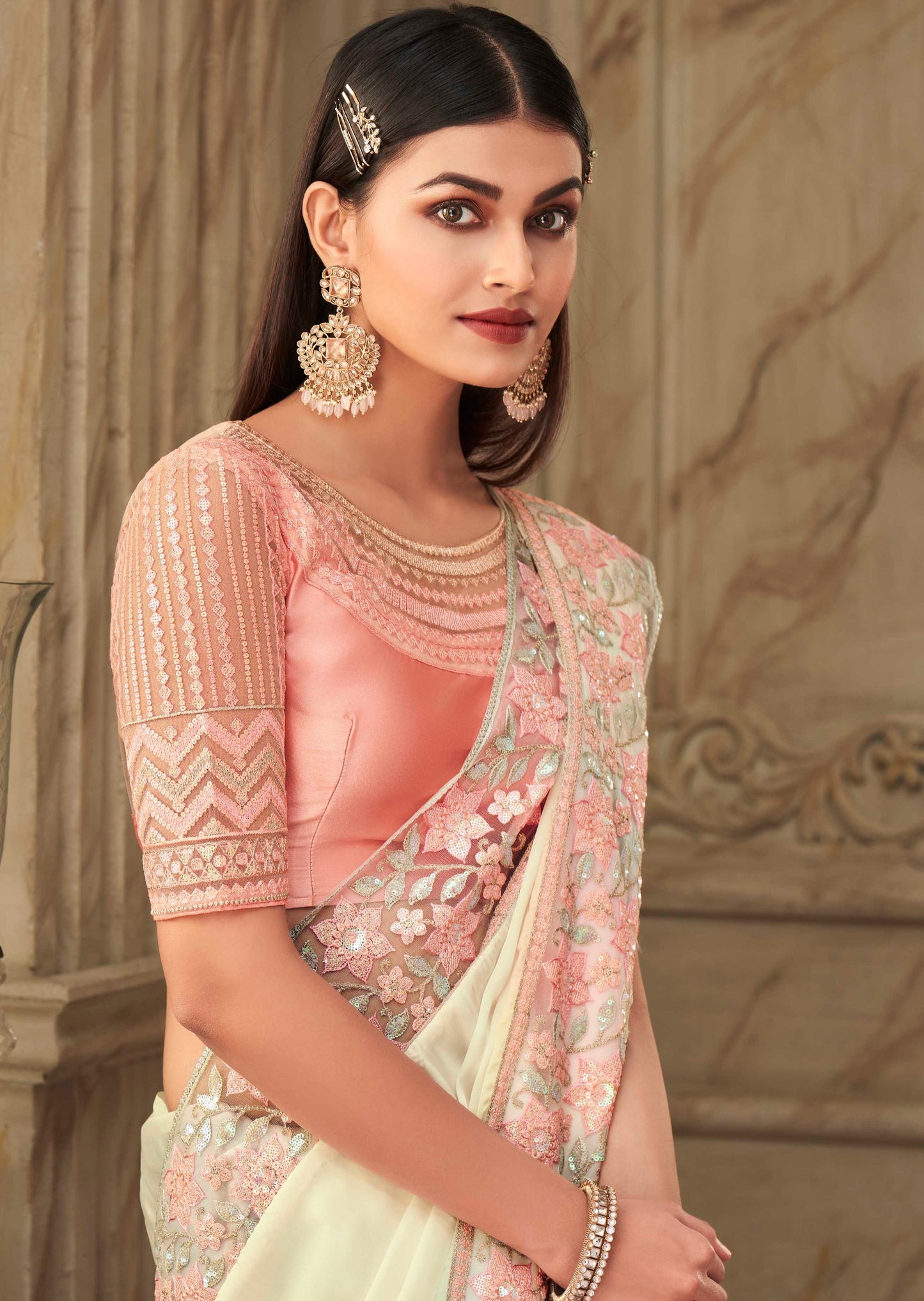 Designer Satin Silk Cream Saree