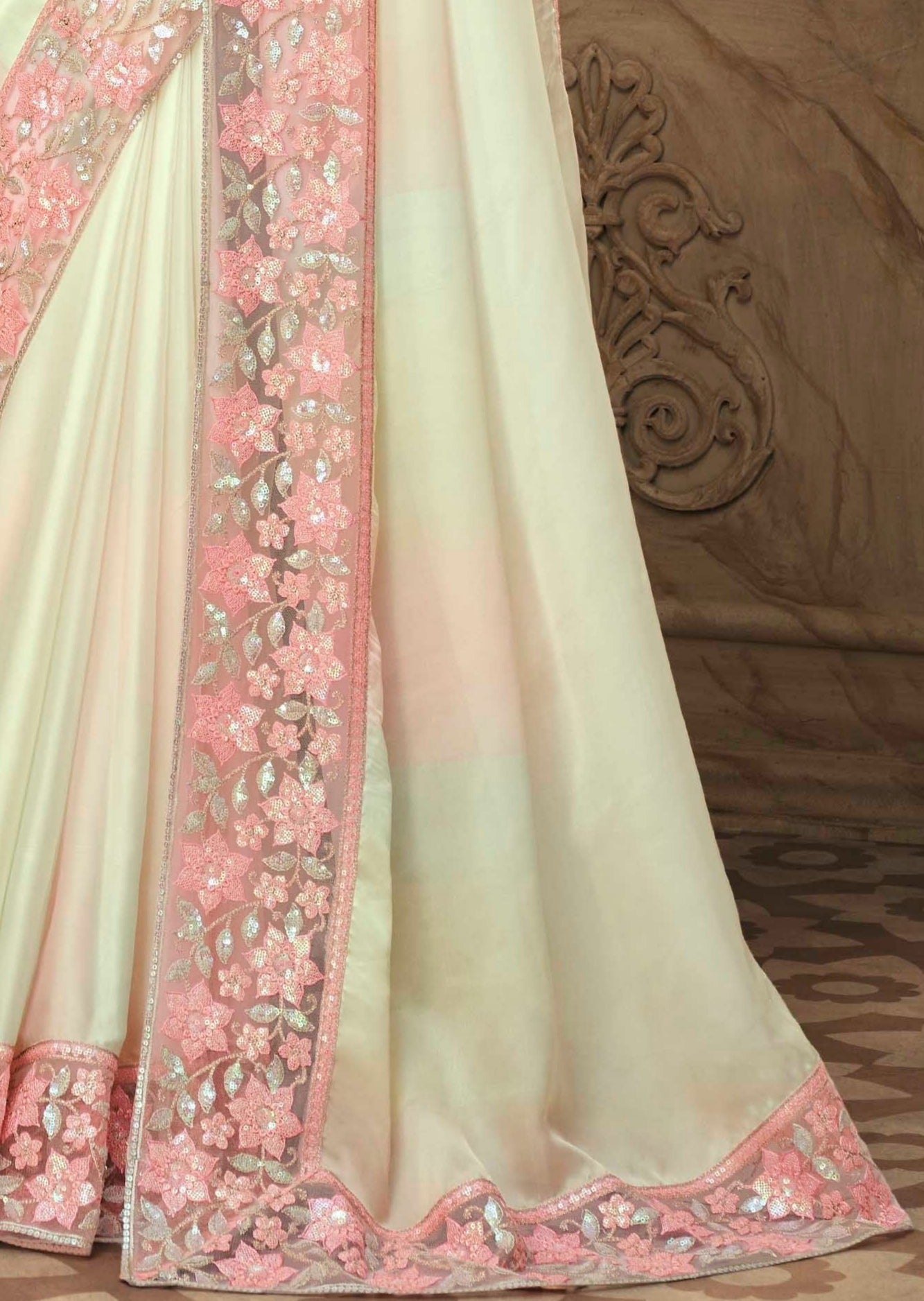 Designer Satin Silk Cream Saree