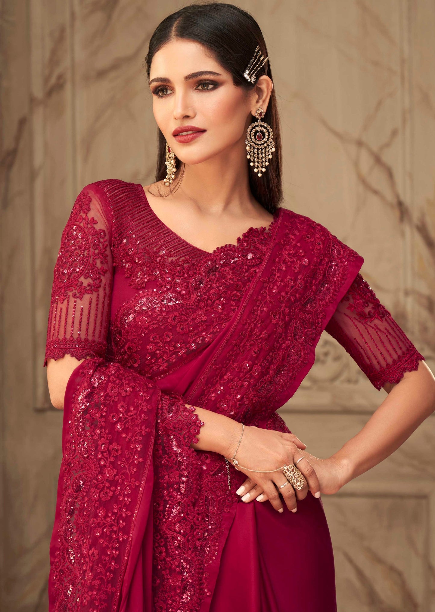 Red Satin Silk Partywear Saree