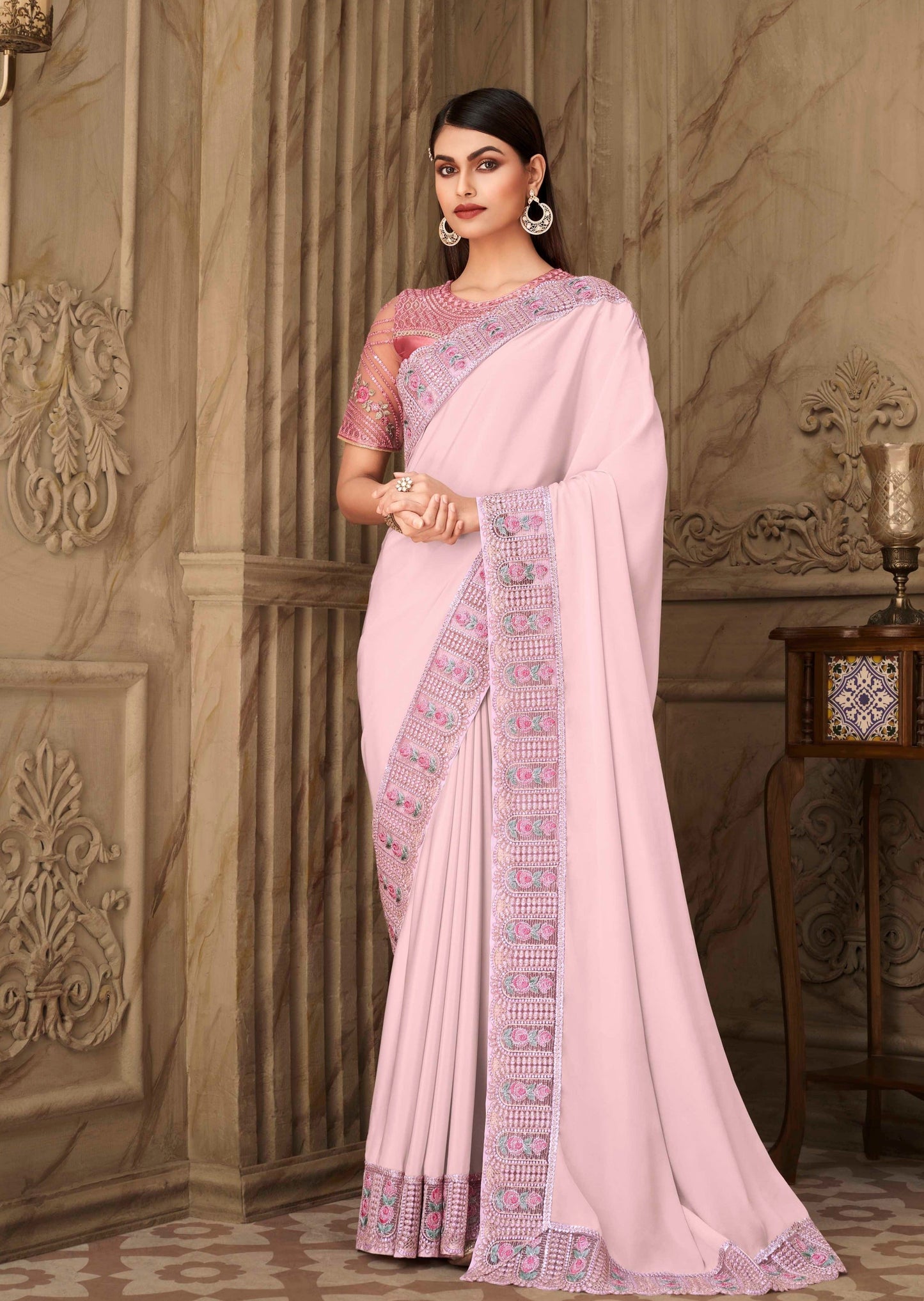 Embroidered Satin Silk Baby Pink Saree