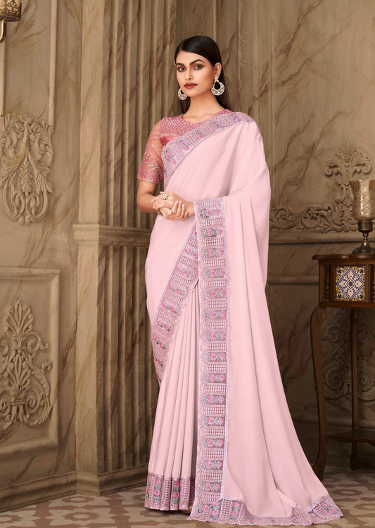 Embroidered Satin Silk Baby Pink Saree