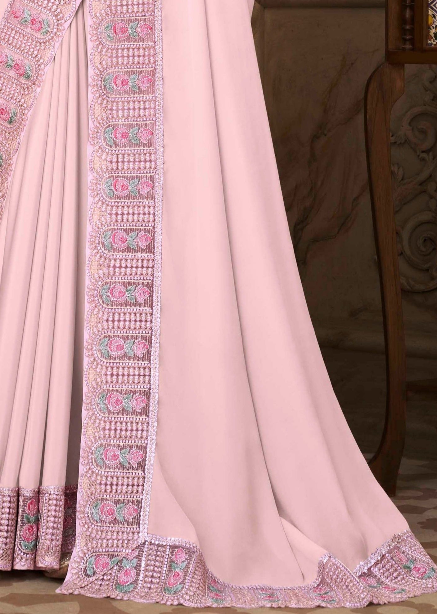 Embroidered Satin Silk Baby Pink Saree