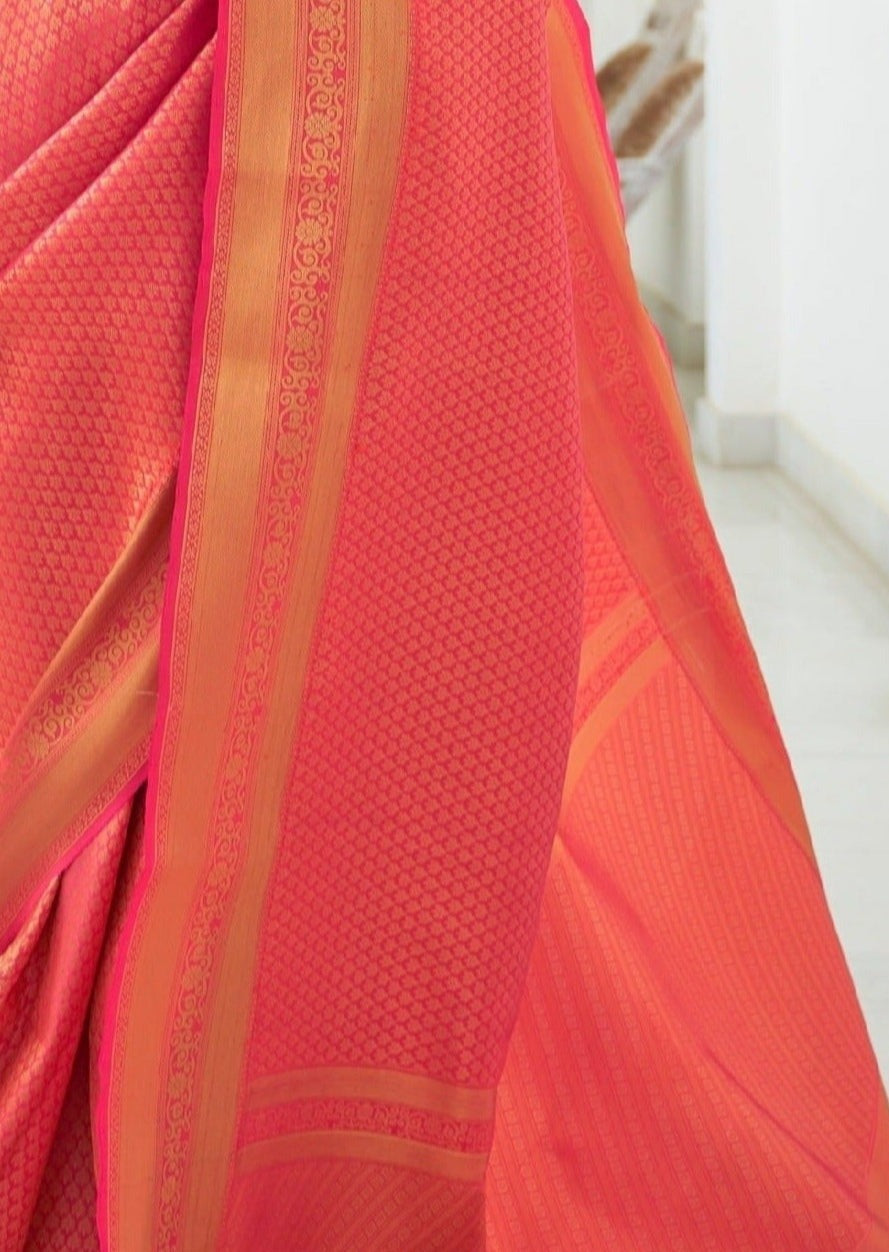 Pinkish Orange Kanjivaram Silk Handloom Saree