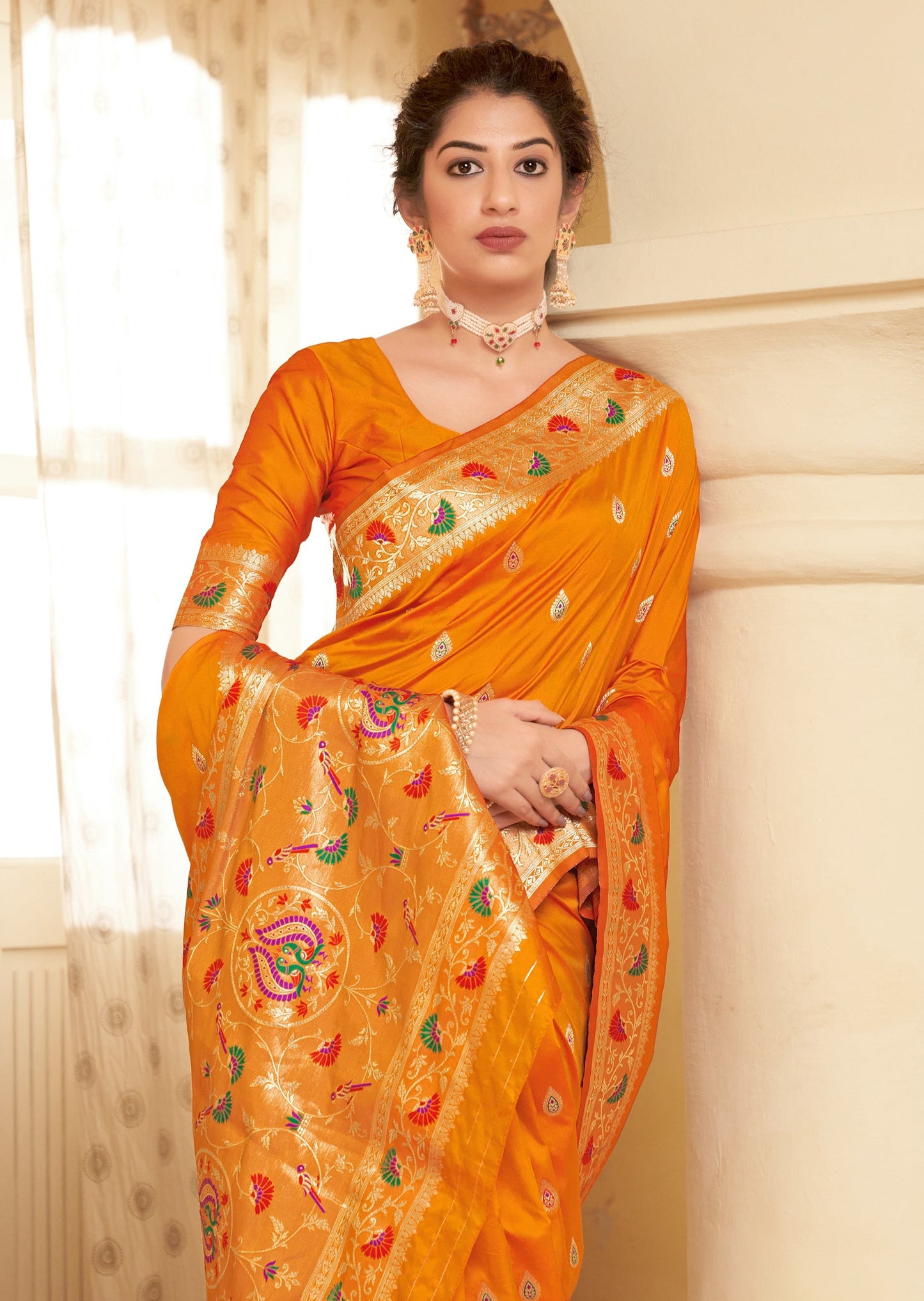Pure Paithani Silk Saffron Orange Saree