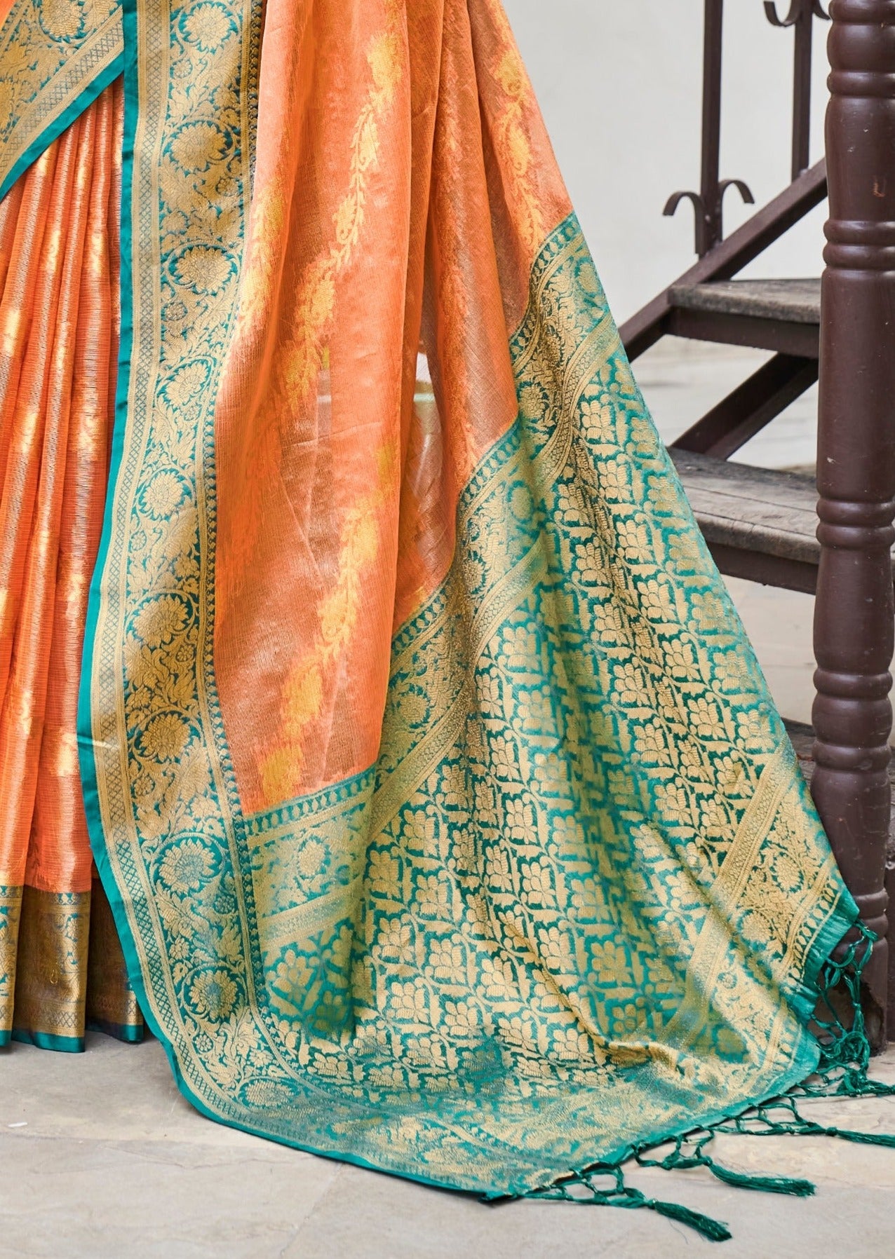 Tissue Silk Peach Zari Banarasi Saree