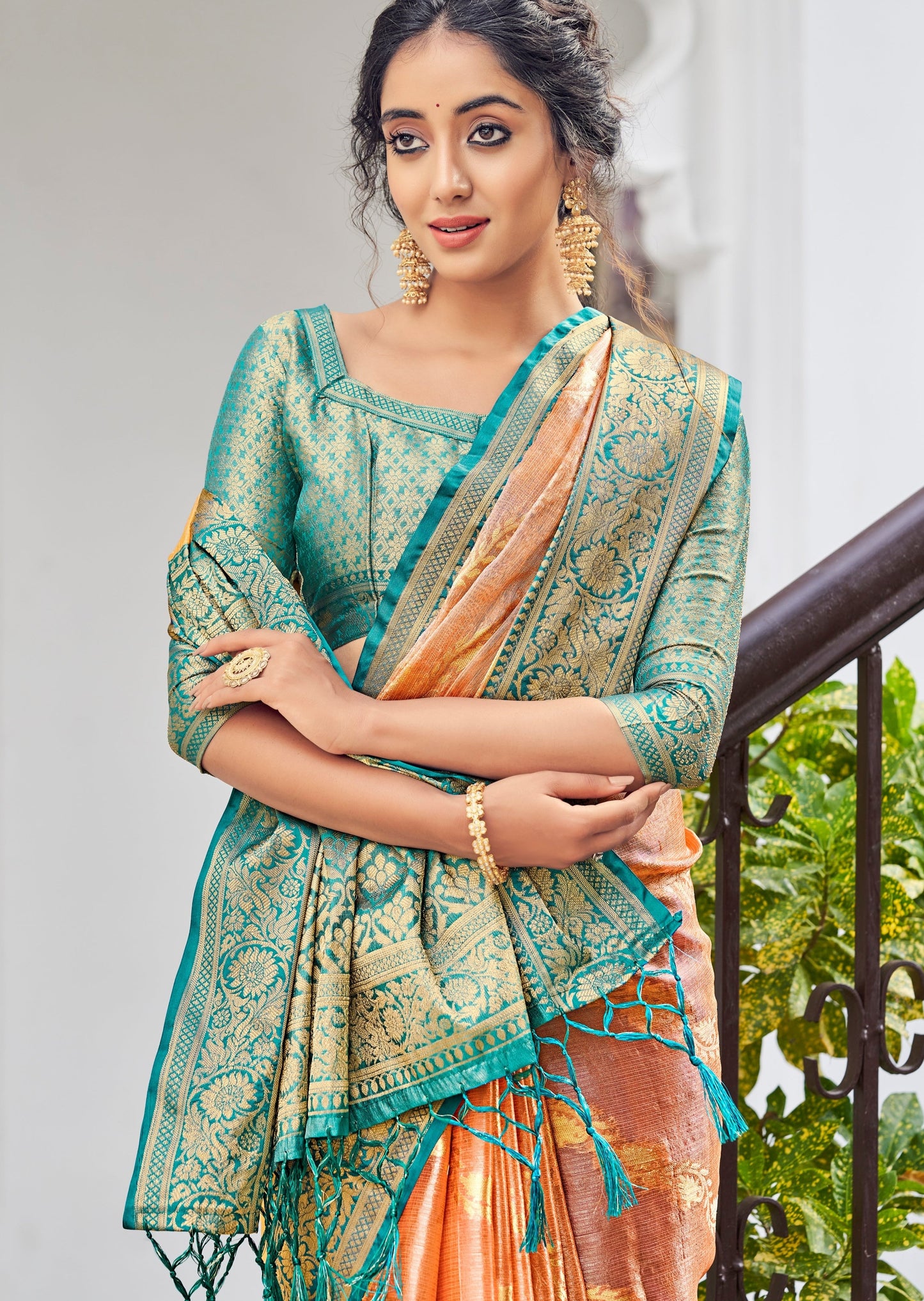 Tissue Silk Peach Zari Banarasi Saree