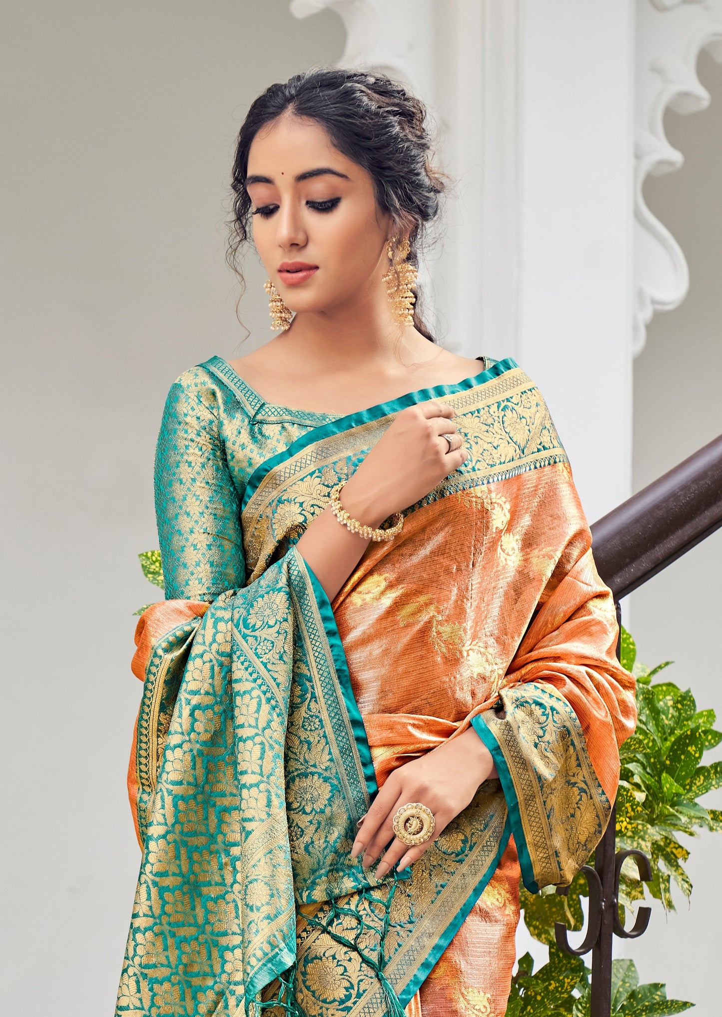 Tissue Silk Peach Zari Banarasi Saree