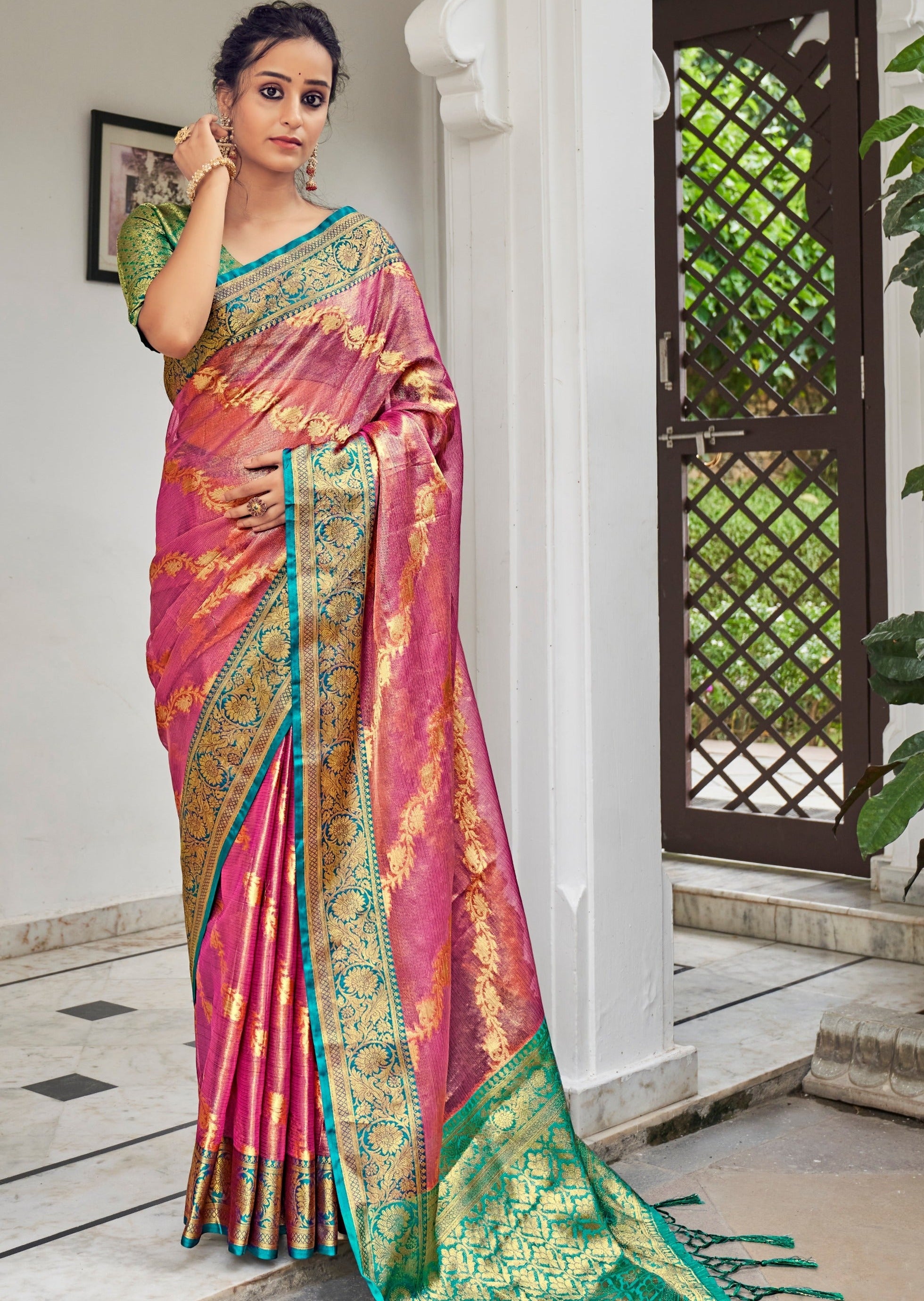 Pink Banarasi Tissue Silk Woven Jari Heavy Designer Saree