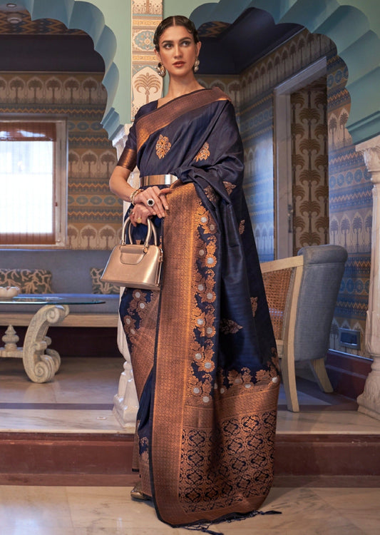 Tussar silk saree online in navy blue color with banarasi border.