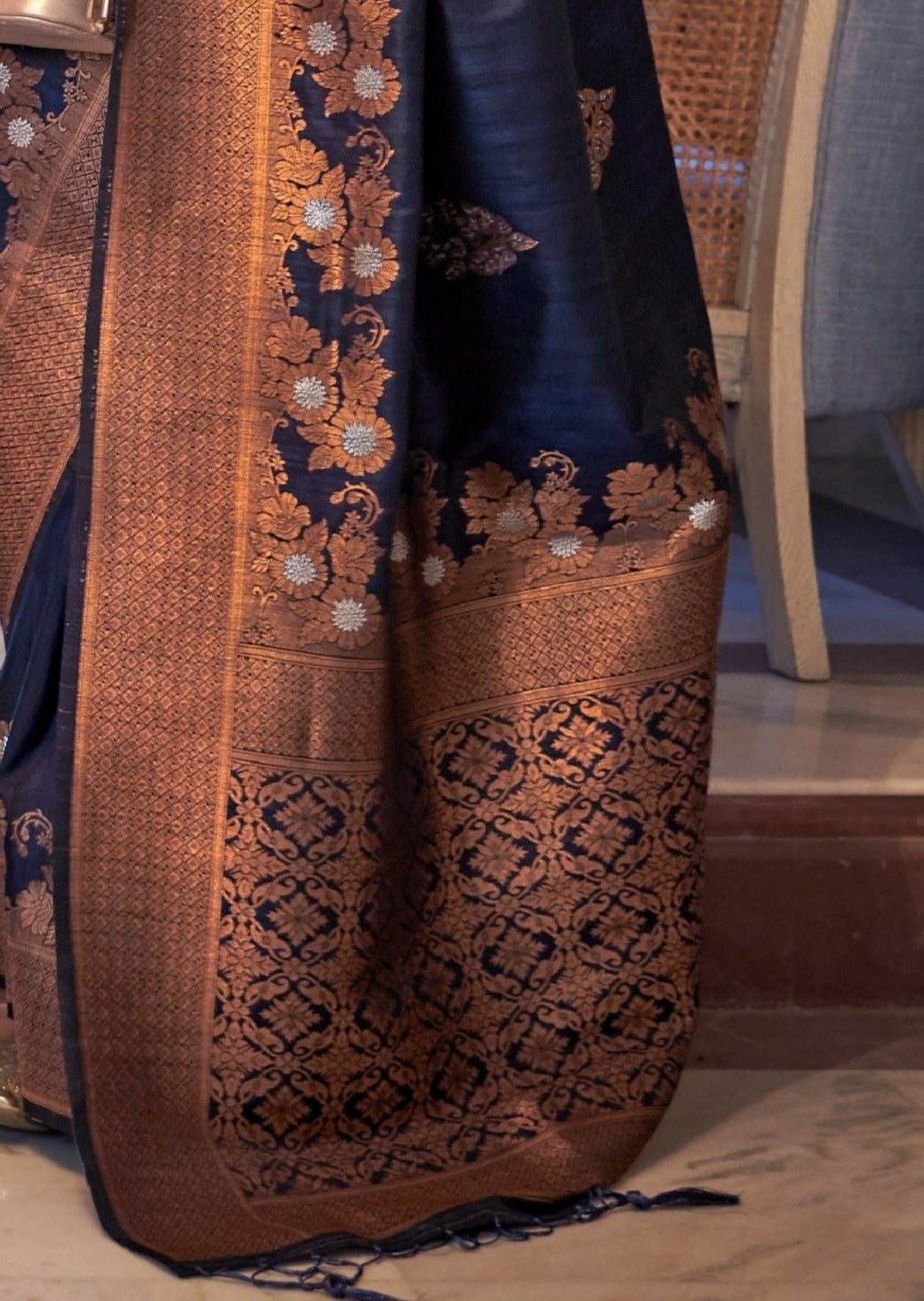 Banarasi Tussar Silk Navy Blue Saree